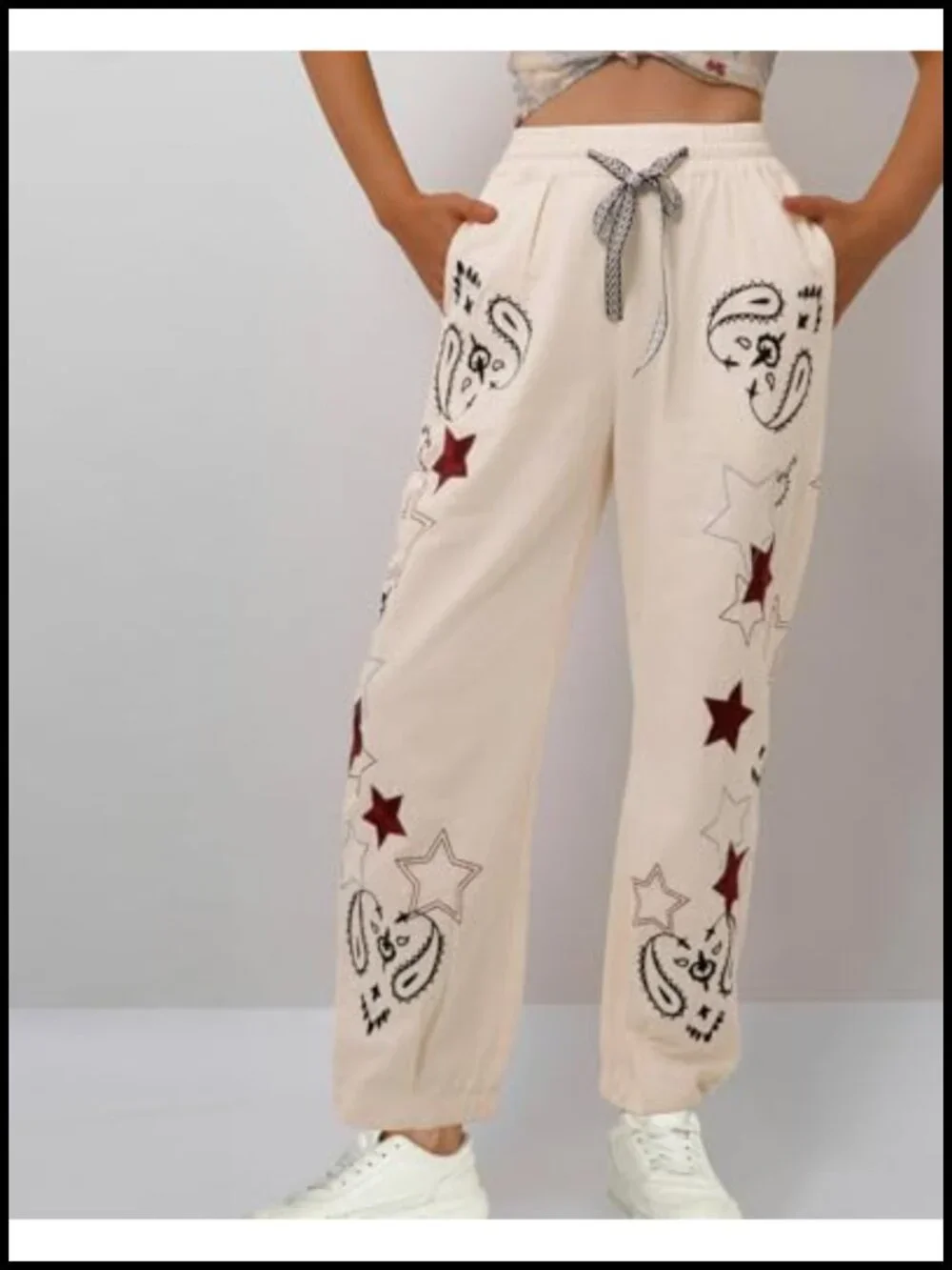 Mid Rise Barrel Starry Print Wide Leg Denim Pants for Women Embroidered Baggy